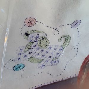 BUCILLA STAMPED CROSS STITCH WHT FLEECE BABY BLANKET PLAYFUL PUP 2006 NEW VTG